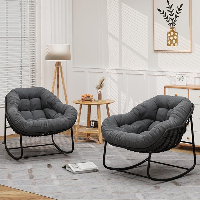Oversized Rocking Chair Outdoor Set of 2, Rocking Papasan Chair, Patio Egg Chair with Padded Cushion, Outdoor Wicker Rocking Chair for Front Porch, Garden, Patio (Beige)