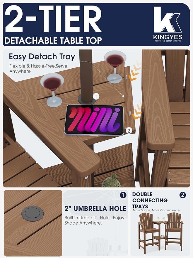 KINGYES Tall Adirondack Chair Set of 2, All-Weather HDPE Outdoor Adirondack Barstools with Removable Double Connecting Trays, Embossed Balcony Chair, High Airondack Chair with Wood Grain, Brown