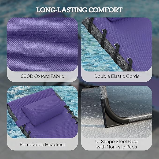 Outsunny Folding Chaise Lounge Chair Outdoor Tanning Chair with Side Table, 5-Level Adjustable Beach Lounge Chair with Headrest, Side Pocket for Patio, Backyard, Beach, Poolside, Purple