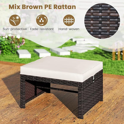 RELAX4LIFE Wicker Outdoor Ottoman Set of 2 - Rattan Footstools Foot Rest w/Removable Cushions, Multipurpose Side Table & Additional Seating, Outdoor Ottomans for Patio Garden Porch (Brown-White)