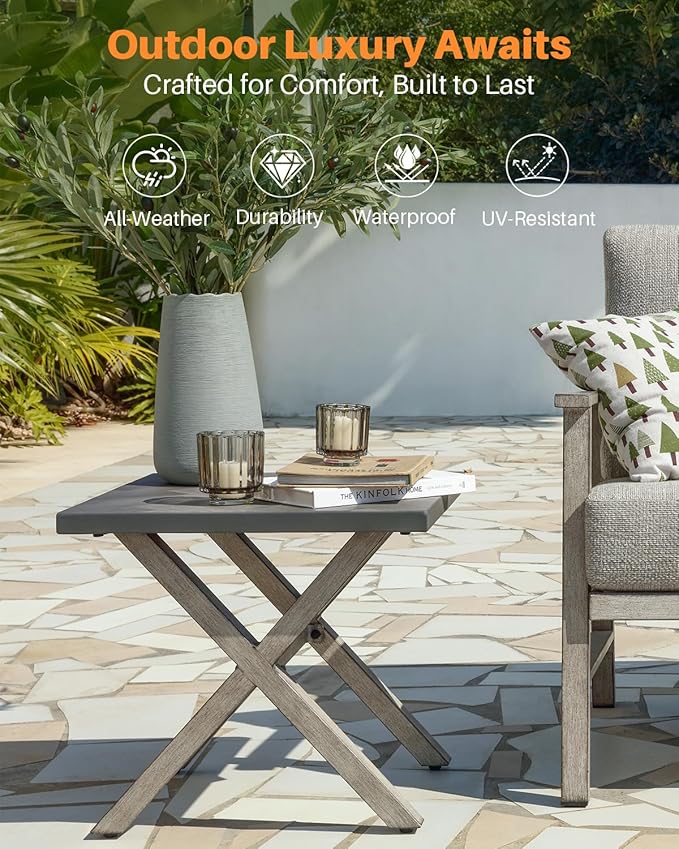Aluminum Outdoor Side Table, Anti-Rust Outside Patio Side Table with Resin Tabletop, Modern Weather Resistant Square Patio End Table for Yard, Garden, Poolside, White Oak