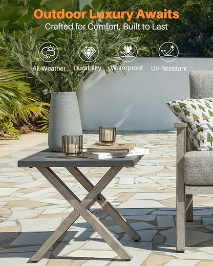 Aluminum Outdoor Side Table, Anti-Rust Outside Patio Side Table with Resin Tabletop, Modern Weather Resistant Square Patio End Table for Yard, Garden, Poolside, White Oak