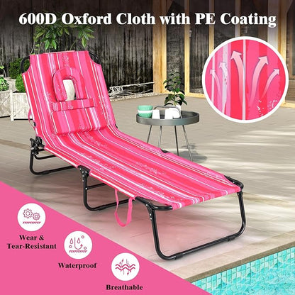 Giantex Tanning Chair, 350lbs Adjustable Patio Lounge Chair w/Face Hole, Removable Pillows, Carry Strap, Folding, Outdoor Chaise Lounge for Layout Beach Poolside Lawn (1, Stripe Pink)