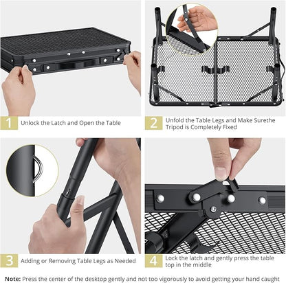 Anbte Folding Grill Table, Aluminum Camping Table Adjustable Height Max 27.5" Picnic Table Outdoor Table, Lightweight, Portable Handle for Travel Cooking BBQ Picnic, 22.8" x 16", Black