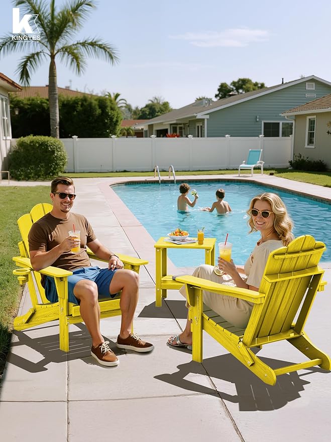 KINGYES Adjustable Folding Adirondack Chair, 3-Position Reclining Adirondack Chairs with Cup Holder, HDPE All-Weather Oversized Adirondack for Outdoor, Patio, Backyard Deck, Fire Pit, Yellow