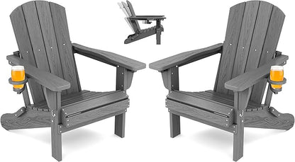 SERWALL Folding Adirondack Chair Set of 2, Adjustable Adirondack Chair with 3 Recline Positions, All Weather HDPE Outdoor Adirondack with Cup Holders, Gray