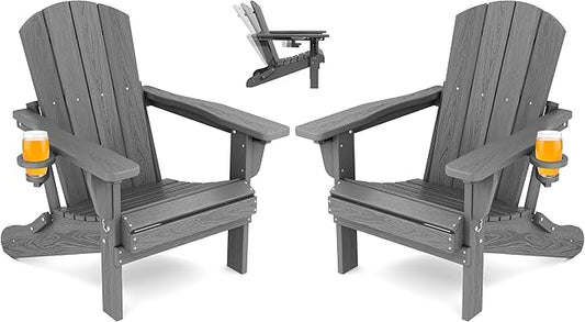 SERWALL Folding Adirondack Chair Set of 2, Adjustable Adirondack Chair with 3 Recline Positions, All Weather HDPE Outdoor Adirondack with Cup Holders, Gray