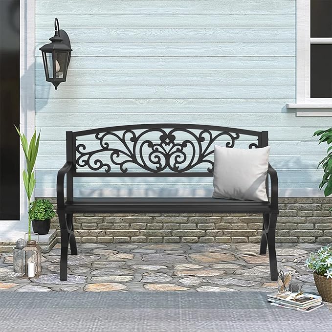 Patio Garden Bench 50 inch Outdoor Metal Loveseat Chairs with Armrests Slatted Seat and w/Floral Design Backrest for - Photo 2