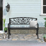 Patio Garden Bench 50 inch Outdoor Metal Loveseat Chairs with Armrests Slatted Seat and w/Floral Design Backrest for - Photo 2