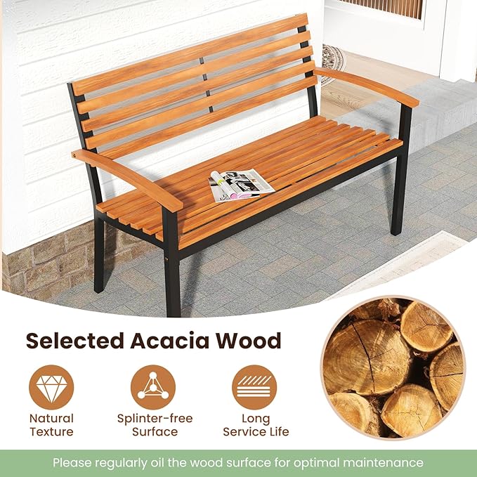 Tangkula 43" Outdoor Garden Bench, 2-Person Acacia Wood Bench with Heavy-Duty Metal Frame - Photo 6