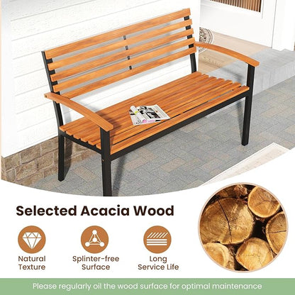 Tangkula 43" Outdoor Garden Bench, 2-Person Acacia Wood Bench with Heavy-Duty Metal Frame, Slatted Seat & Curved Armrests, 800 lbs Weight Capacity, Patio Bench for Porch, Yard, Balcony, Lawn