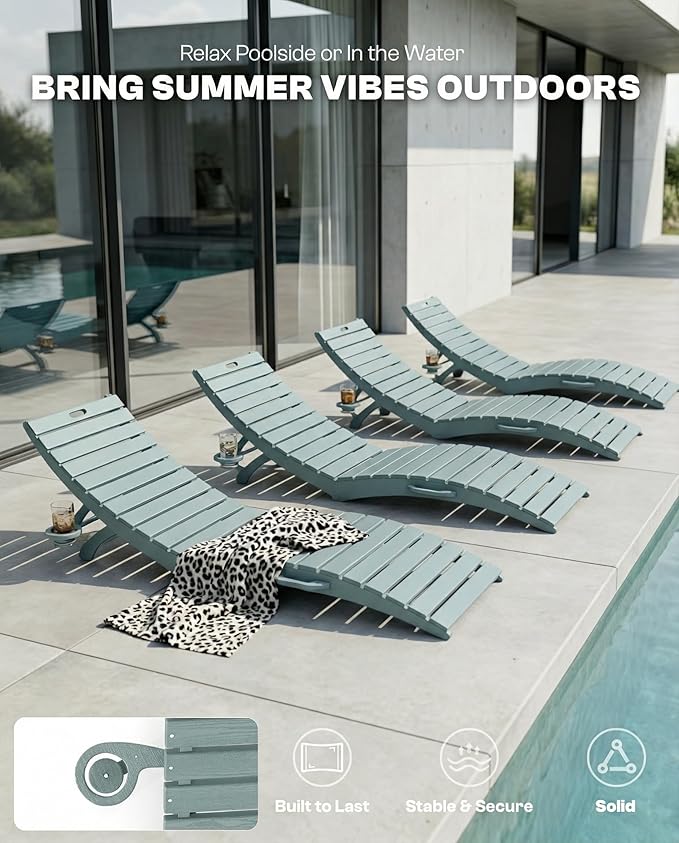 Pre-Assembled Folding in-Pool Lounge Chair, HDPE Outdoor Chaise Lounge with Cup Holder, Pool Lounge Chair for Poolside - Photo 5