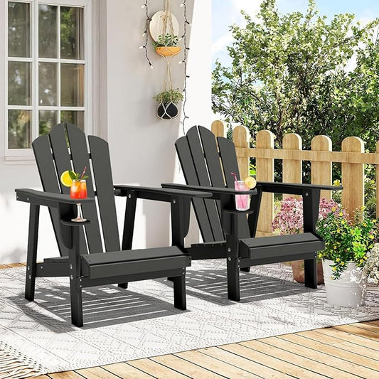 PROHIKER Adirondack Chair Set of 2, HDPE Outdoor Patio Chair with Cup Holder All Weather Outdoor Chairs for Lawn Garden Porch Backyard, Plastic, Gray