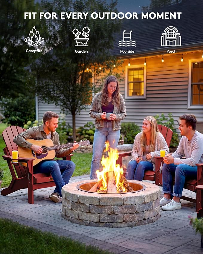 SERWALL Folding Adirondack Chair Set of 8, Weather Resistant Patio Chair with Cup Holder Weather Resistant Fire Pit Chair for Patio -Red