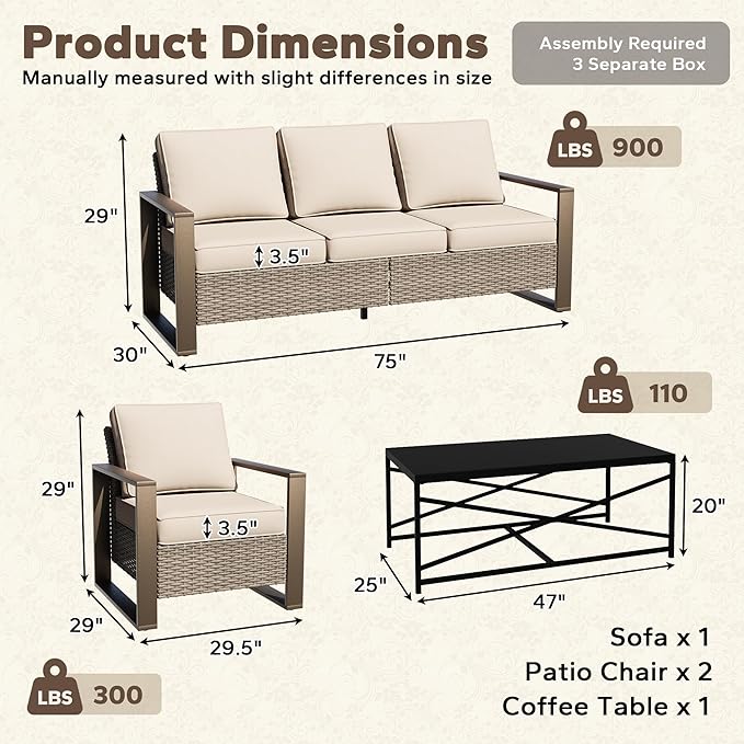 4 Pieces Patio Furniture Set with Wicker 75" Sofa, Two Armchairs, One Coffee Table - Photo 2