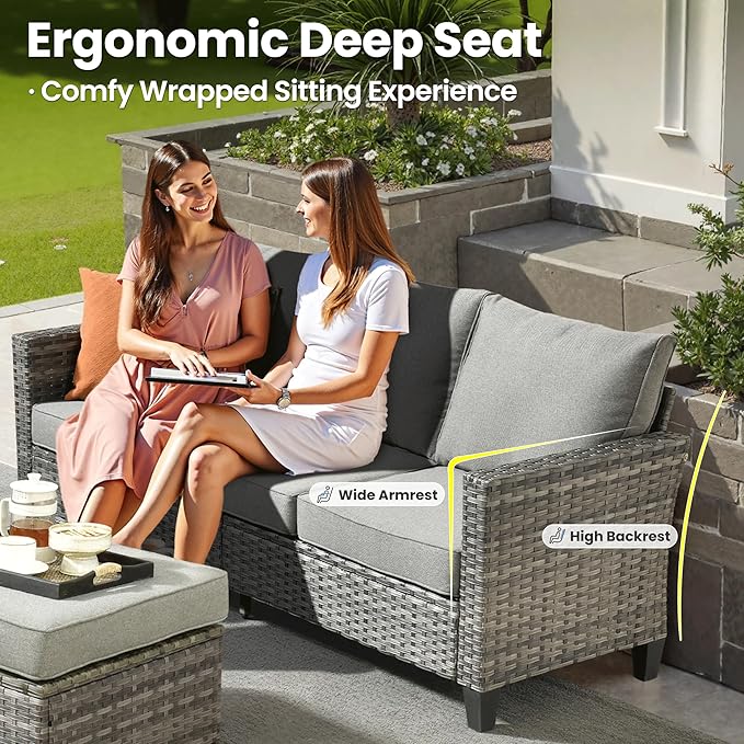 ovios Patio Furniture Set, 6 Pieces Outdoor Wicker Sofa Couch with Swivel Rocking Chairs Ottomans Comfy Cushions Rattan - Photo 5