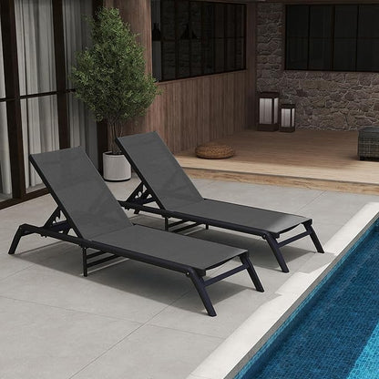 Outdoor Chaise Lounge Chairs Set of 2, No Assembly Required, 5-Position Adjustable Backrest, Foldable Lightweight Patio Lounge for Poolside, Deck, Lawn & Beach, Dark Grey