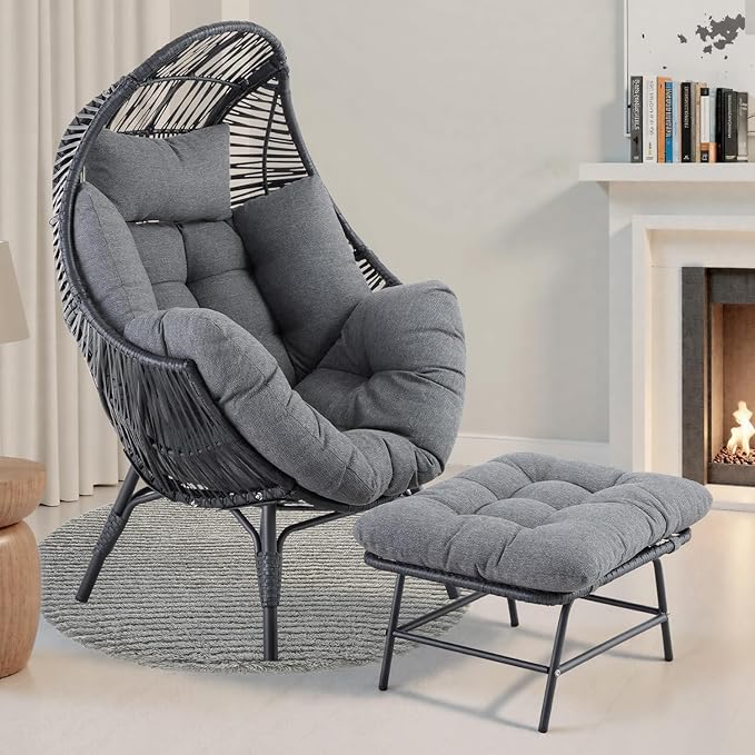 IRONCK Wicker Outdoor Egg Chair with Ottoman, Patio Lounge Chair with Footrest, Thickened Padded Cushion and Headrest - Photo 7