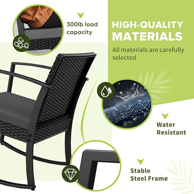 Homall Patio Furniture Set 3 Piece Resin Outdoor Bistro Set Rocking Patio Chairs with Cushions and Table for Porch, Poolside, Balcony and Yard (Grey)