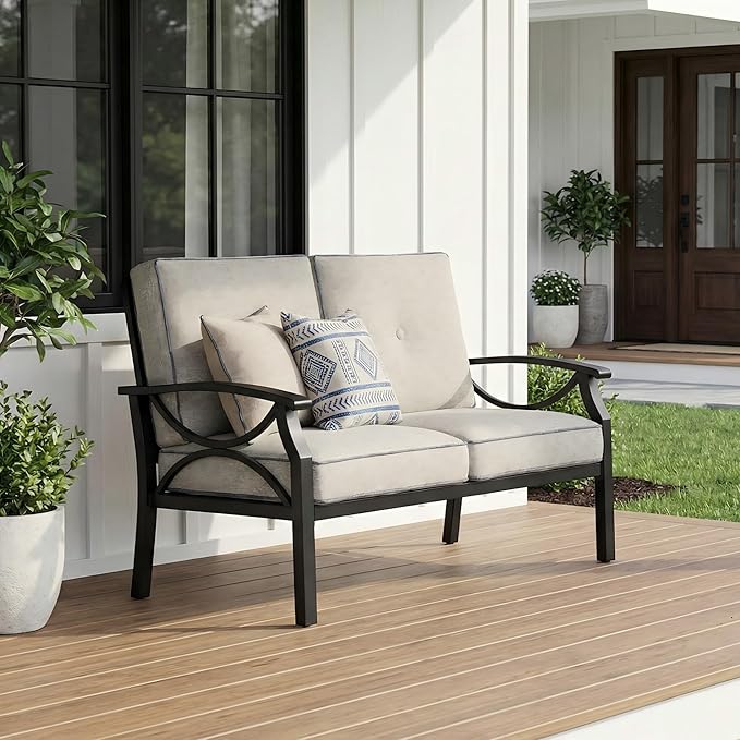 RoyalCraft Patio Loveseat, All-Weather Outdoor 2 Seats Sofa Couch, Black Metal Furniture with Gray Cushions - Photo 6