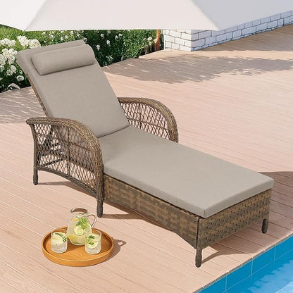 HOMEDIARY Outdoor Wicker Lounge Chair with Cushion, 6-Position Adjustable Patio Chaise Lounge, All Weather Lay Flat Pool Sunbathing Recliner Chair, Armrest and Head Pillow, Fade-Resistant, Beige