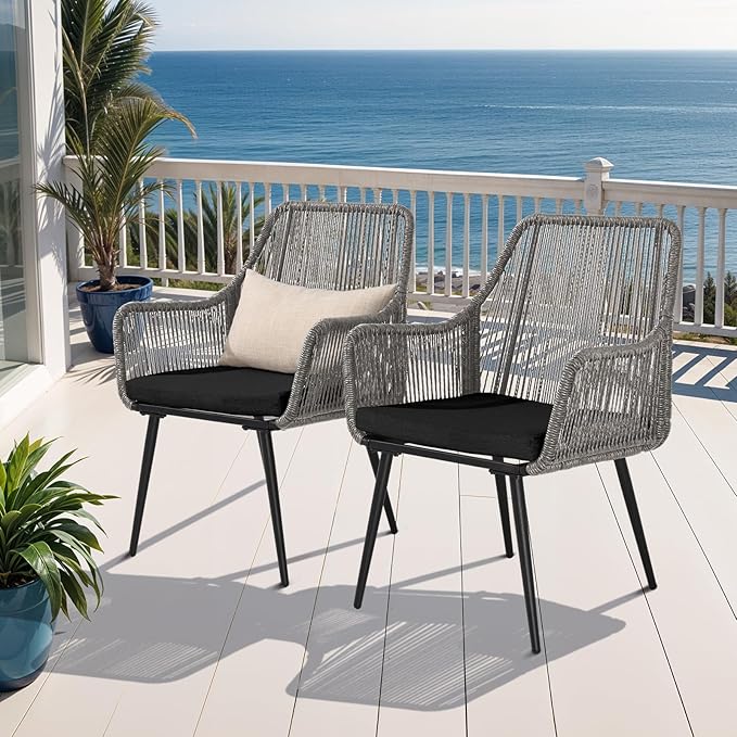 Patio Dining Chairs Outdoor Dining Chairs Set of 4, Woven Twisted Wicker Rattan Chair with Armrest and Cushion, Modern Indoor Outdoor Seating for Garden, Lawn, Backyard, Grey