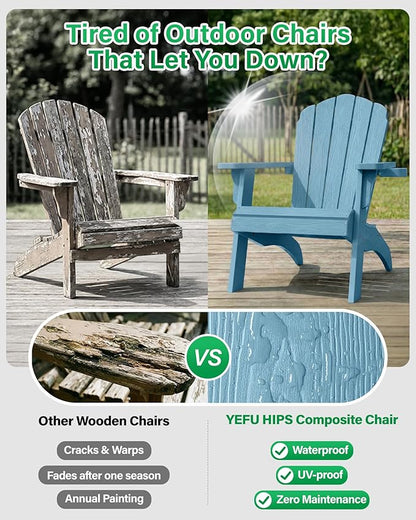 YEFU Oversized Plastic Adirondack Chair Set of 4 with Cup-Holder, Weather Resistant, Poly Lumber Outdoor Chairs Duty Rating Widely Used in Patio, Lawn, Outside, Deck, Garden Chair-Blue