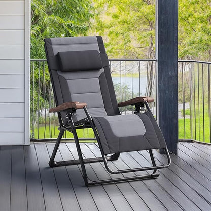 PURPLE LEAF Oversized Outdoor Reclining Chair Patio Zero Gravity Chaise Lounge Folding Chair with Quilted Cushion Adjustable Headrest for Lawn Camping Beach Pool Black and Grey