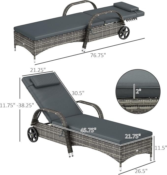 Outsunny Wicker Outdoor Chaise Lounge, 5-Level Adjustable Backrest PE Rattan Pool Lounge Chair with Wheels, Cushion & Headrest, Mixed Gray and Charcoal Black