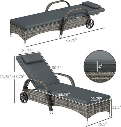 Outsunny Wicker Outdoor Chaise Lounge, 5-Level Adjustable Backrest PE Rattan Pool Lounge Chair with Wheels, Cushion & Headrest, Mixed Gray and Charcoal Black