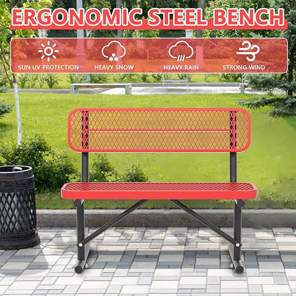 48" Metal Park Benches for Outside - Red Outdoor Benches Heavy Duty Garden Weatherproof Bench with Backrest, Buddy Bench for Schools,Commercial Benches for Shopping Mall, Store, Yard, Patio