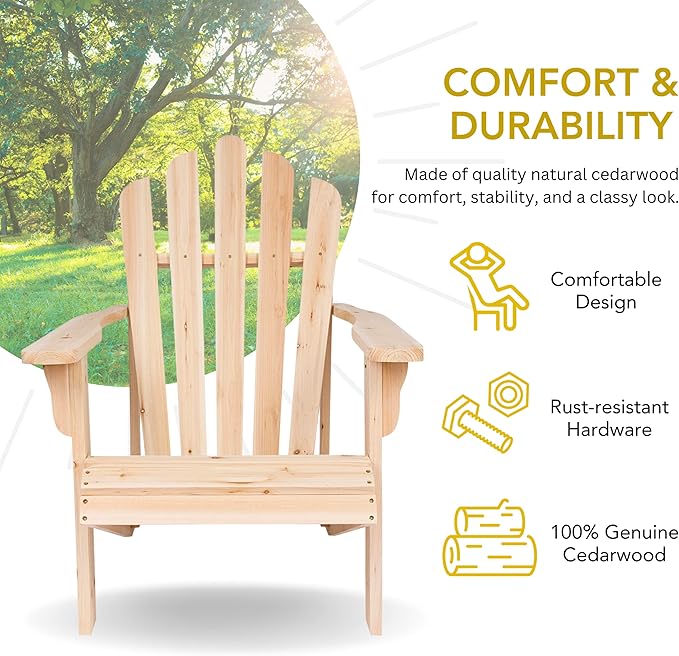 Shine Company Westport Wooden Adirondack Chair, Outdoor Patio Firepit Chairs, Back & Seat Pre-Assembled, Natural - Photo 3
