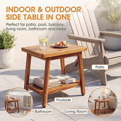 ENKEZI Small Acacia 16 Inches Outdoor Side Table, 2-Tier Sturdy Patio, End Table Weather Resistant, Strong Stability Side Table for Patio, Pool, Porch, Teak Finish (Small)