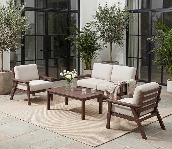 Patio Furniture Set, HDPE Outdoor Sofa Set with Beige Washable Cushions, Patio Conversation Sets for Lawn, Garden, Porch, Balcony & Deck, Durable Outdoor Sectional Furniture (Brown Frame)