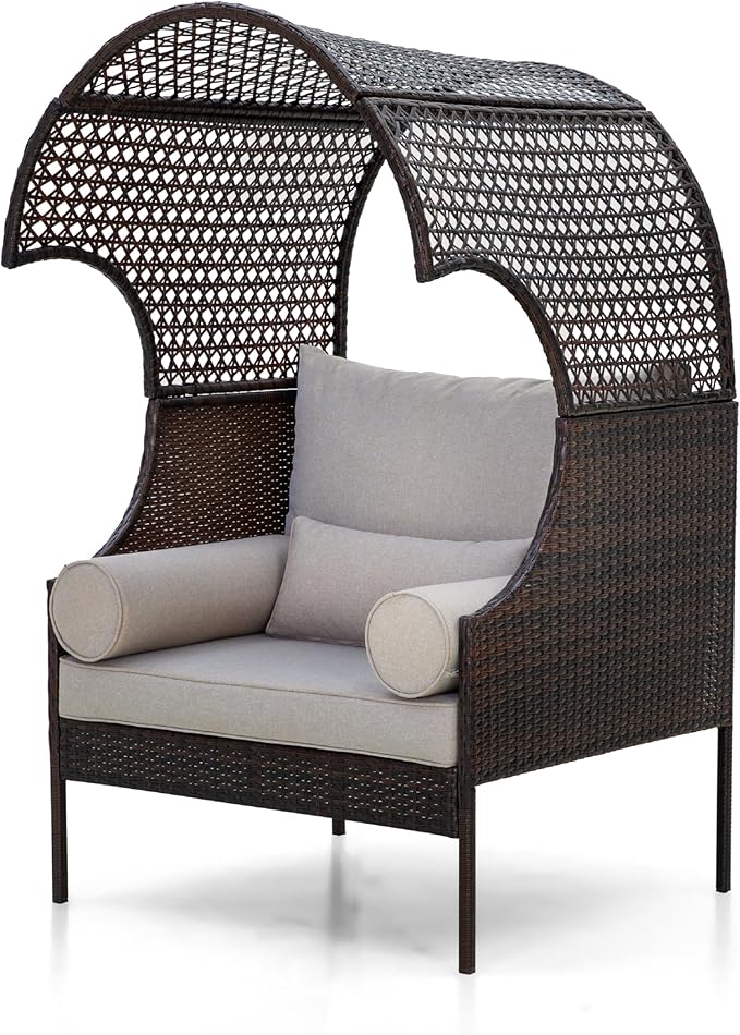 MFSTUDIO Outdoor & Indoor Wicker Egg Sofa Chair with Oversized Seat, Detachable Top Canopy, Hight Backrest, Waterproof Cover and Anti-Slip Cushions, 400lbs Capacity, Grey