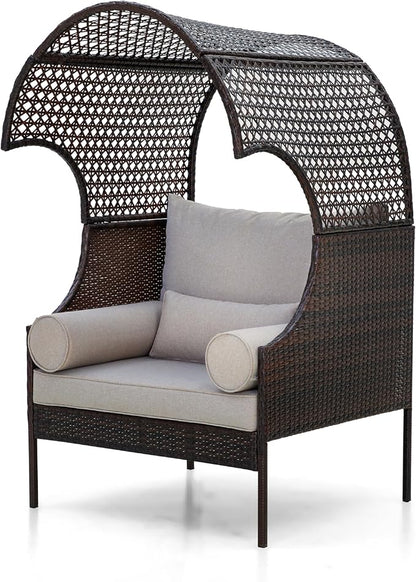 MFSTUDIO Outdoor & Indoor Wicker Egg Sofa Chair with Oversized Seat, Detachable Top Canopy, Hight Backrest, Waterproof Cover and Anti-Slip Cushions, 400lbs Capacity, Grey