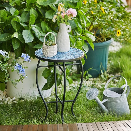 VONLUCE Mosaic Side Table and Plant Stand, 21" Round End Table with 14" Ceramic Tile Top, Indoor & Outdoor Accent Table, Porch Patio Furniture, Entryway & Coffee Table for Home & Garden, Blue Mandala