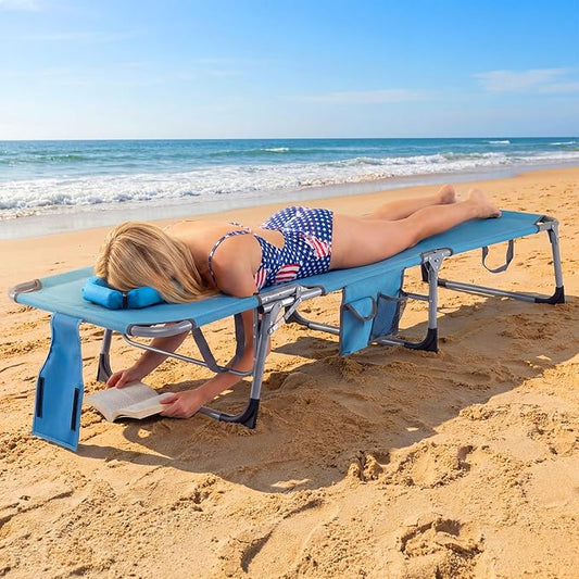 Giantex Face Down Tanning Chair, Folding Beach Lounge Chair w/ 4-Position Adjustable Backrest, Outdoor Sunbathing Lounge Chair w/Face Arm Holes & Storage Pocket for Patio Deck Poolside (1, Navy)