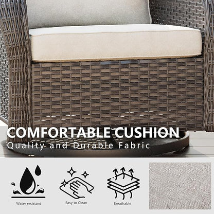 Wicker Swivel Rocking Chairs Set 2 with Storage Side Table - Outdoor Brown Wicker Swivel Glider Chair Outdoor Rocking Chair with Water-Resistant Cushions, Beige