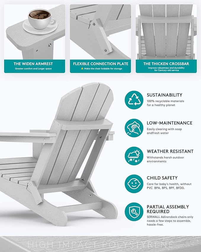 SERWALL Folding Adirondack Chair with Cup Holder for Patio Garden Outdoors Fire Pit- Spanish Gray - Photo 6