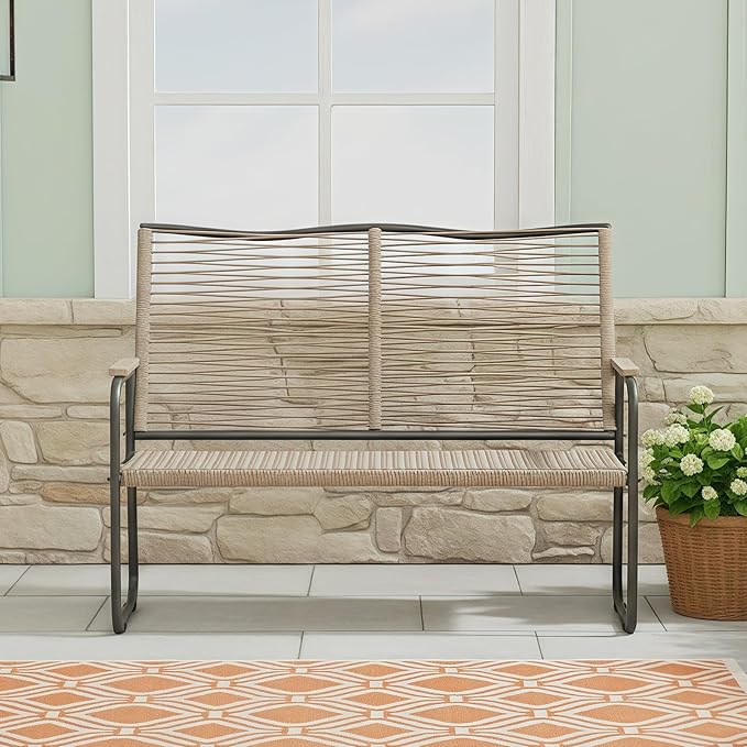 AECOJOY Outdoor Garden Bench, Weatherproof Wicker Outside Benches Clearance, Black Patio Loveseat with Backrest Armrests for Lawn Yard Porch Work Entryway (Brown Vine Back)