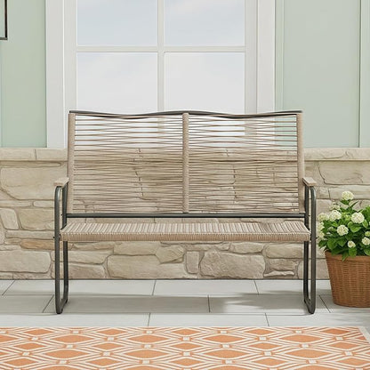 AECOJOY Outdoor Garden Bench, Weatherproof Wicker Outside Benches Clearance, Black Patio Loveseat with Backrest Armrests for Lawn Yard Porch Work Entryway (Brown Vine Back)
