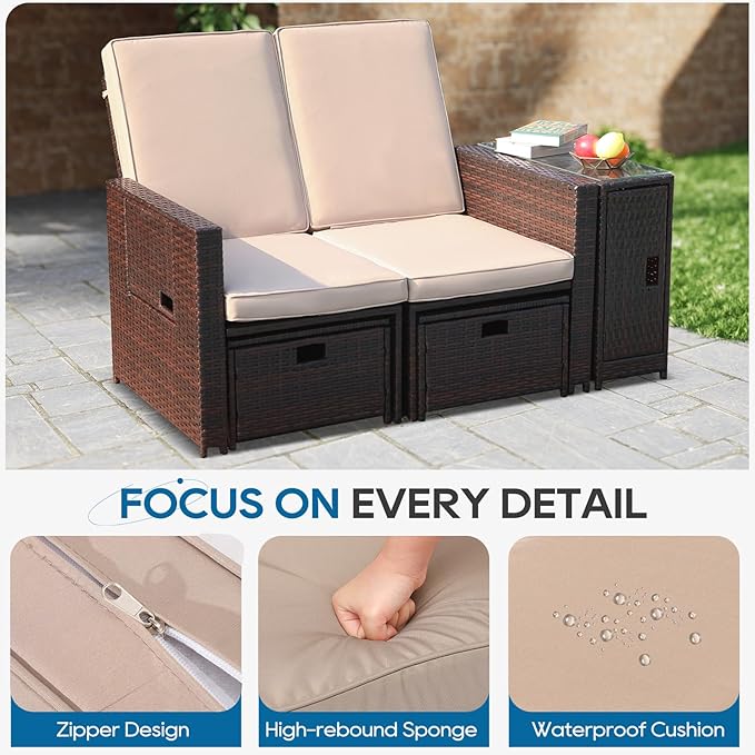 5PCS Outdoor Wicker Chaise Lounge Chair - Rattan Adjustable Reclining Patio Lounge Chair with Ottoman and Coffee Table, for Patio Beach Pool Backyard (Brown Wicker Khaki Cushion)