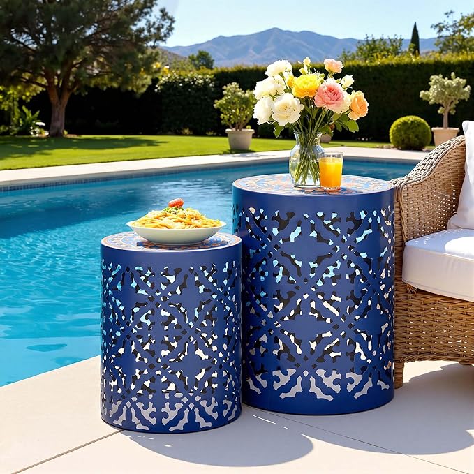 2-Pack Outdoor Side Table, Modern Decorative Coffee Table with Vintage Scroll Cut-Out Design - Photo 4