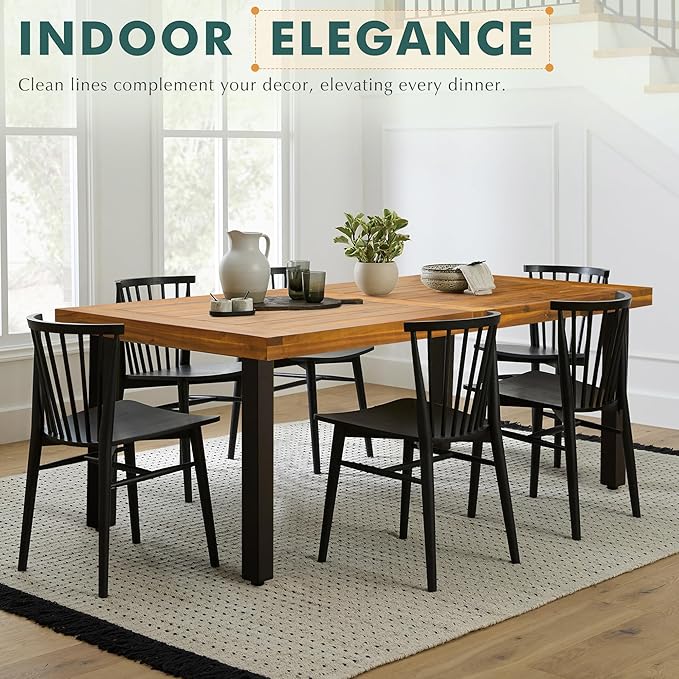 Flamaker Dining Table for 6 Acacia Wood Indoor Outdoor Home Kitchen Table with Iron Legs Large Rectangular Patio Table - Photo 7