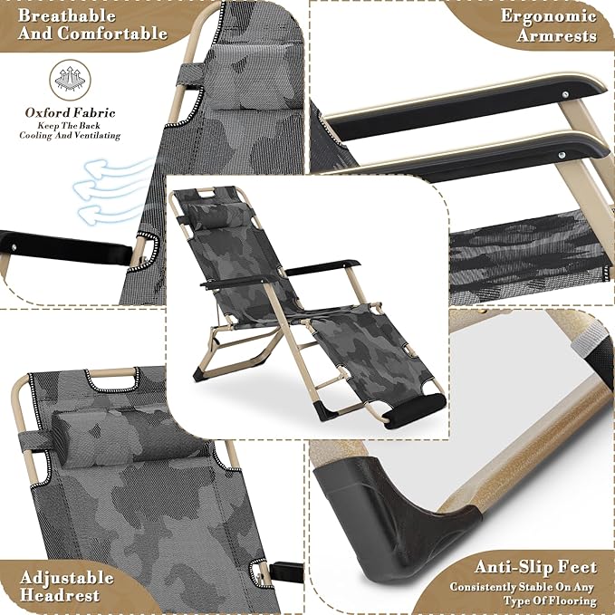 Athena Collection Zero Gravity Outdoor Lounge Chair Set of 2, 26" Width Reclining Pool Lounge Lawn Chairs Recliner with Headrest Foot Pad, Outdoor Chaise for Beach Patio Backyard Outside, Camouflage