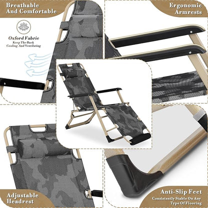 Athena Collection Zero Gravity Outdoor Lounge Chair Set of 2, 26" Width Reclining Pool Lounge Lawn Chairs Recliner with Headrest Foot Pad, Outdoor Chaise for Beach Patio Backyard Outside, Camouflage