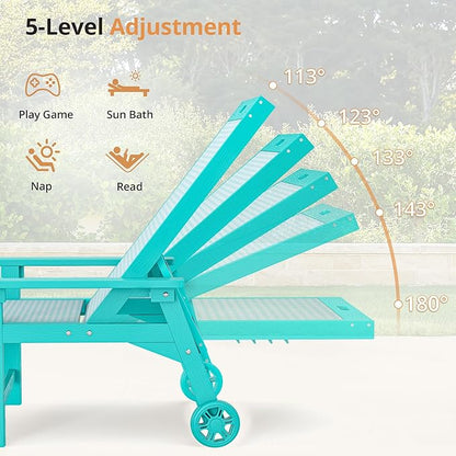 LUE BONA Chaise Lounge Chair Outdoor Set of 2, HDPS and HDPE Wicker Chaise Lounger with 5 Positions, Pool Lounge Chairs with Wheels and Adjustable Backrest for Patio, Poolside, Deck, Backyard