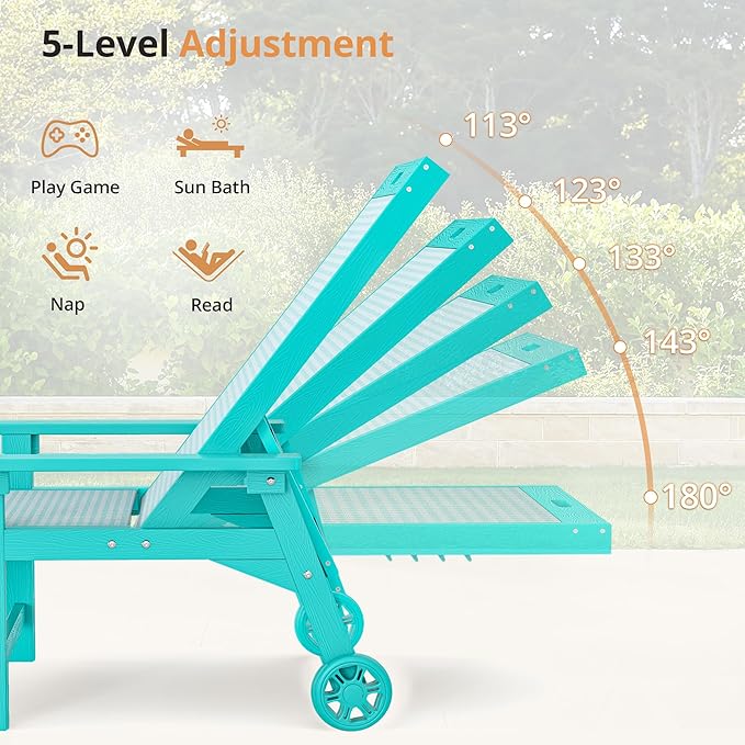 LUE BONA Chaise Lounge Chair Outdoor Set of 4, HDPS and HDPE Wicker Chaise Lounger with 5 Positions, Pool Lounge Chairs with Wheels and Adjustable Backrest for Patio, Poolside, Deck, Backyard