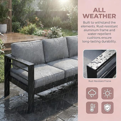 Kiss the Water Outdoor Couch Aluminum Patio Furniture Sofa, 3 Seat All-Weather Metal Patio Couch with 5" Thick and Soft Cushion and Wide Arm, Outdoor Sofa for Balcony, Porch